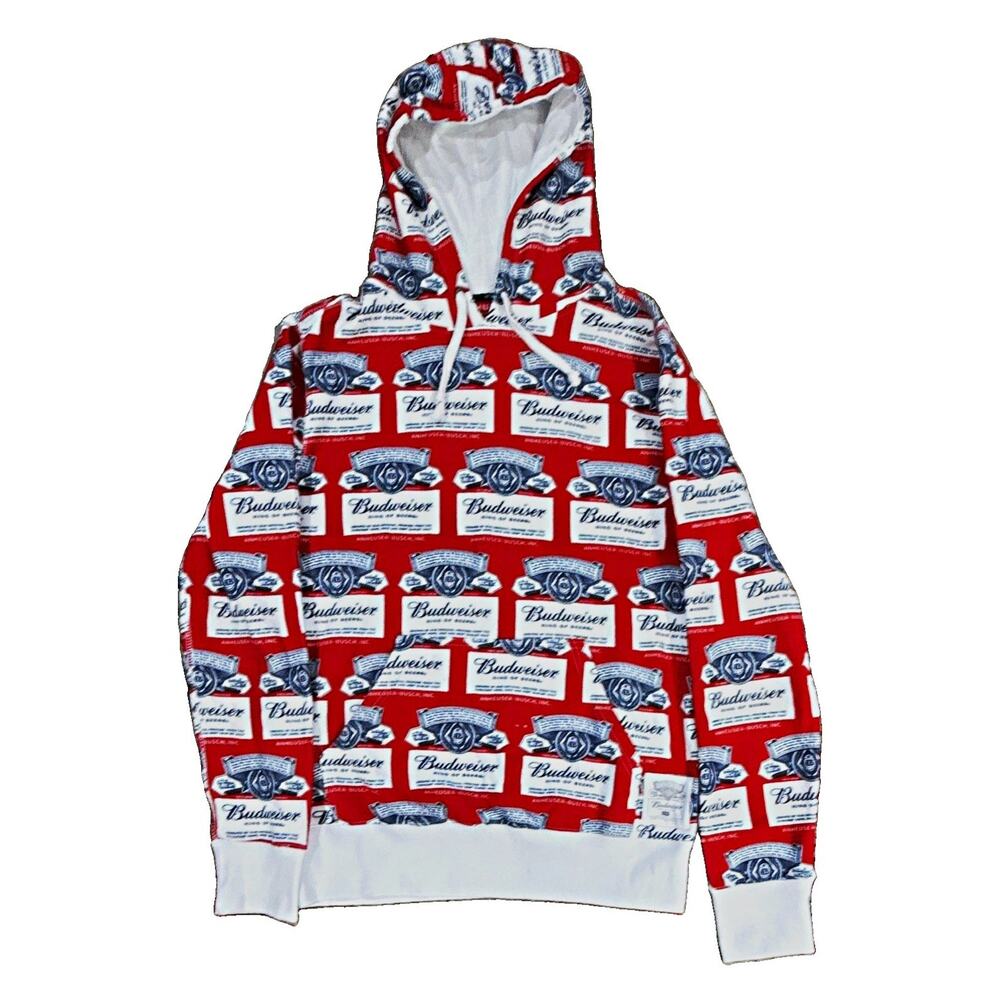 HUF x Budweiser Men's Pullover Hoodie S Red White Blue Graphic Print Pockets